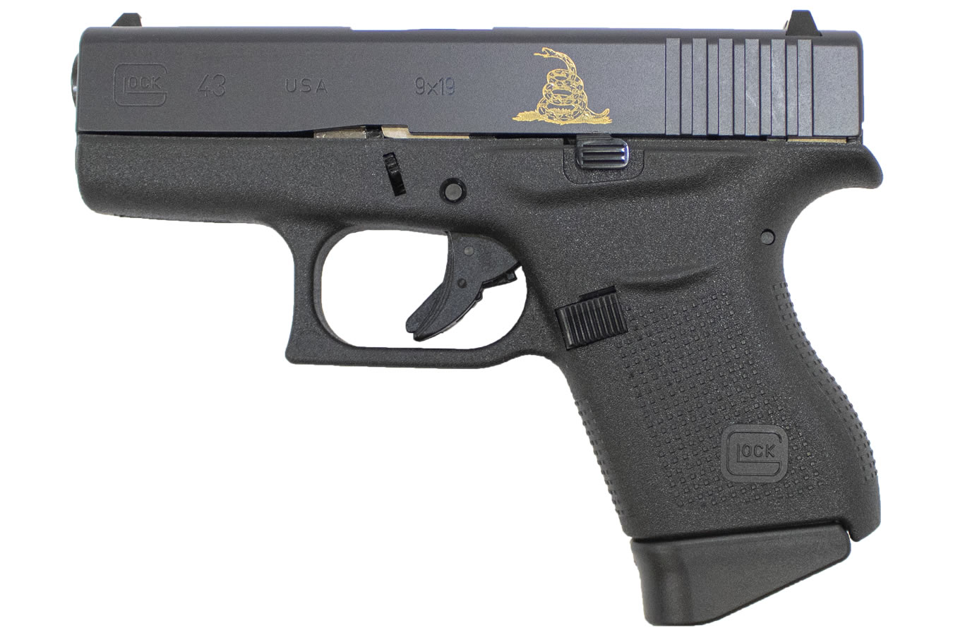 Buy Glock 43 9mm Carry Conceal Pistol with Gadsen Snake and Dont Tread on Me Gold Engraving Glock 43 9mm Carry Conceal Pistol with Gadsen Snake and Dont Tread on Me Gold Engraving
