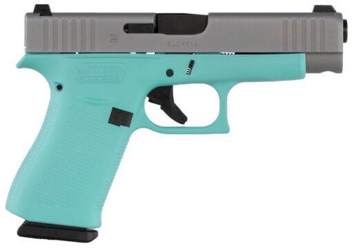 Glock G48 9mm Luger4.17 10+1 Robin Egg Blue Sliver PVD Slide Robin Egg Blue Polymer Grip Glock Night Sights